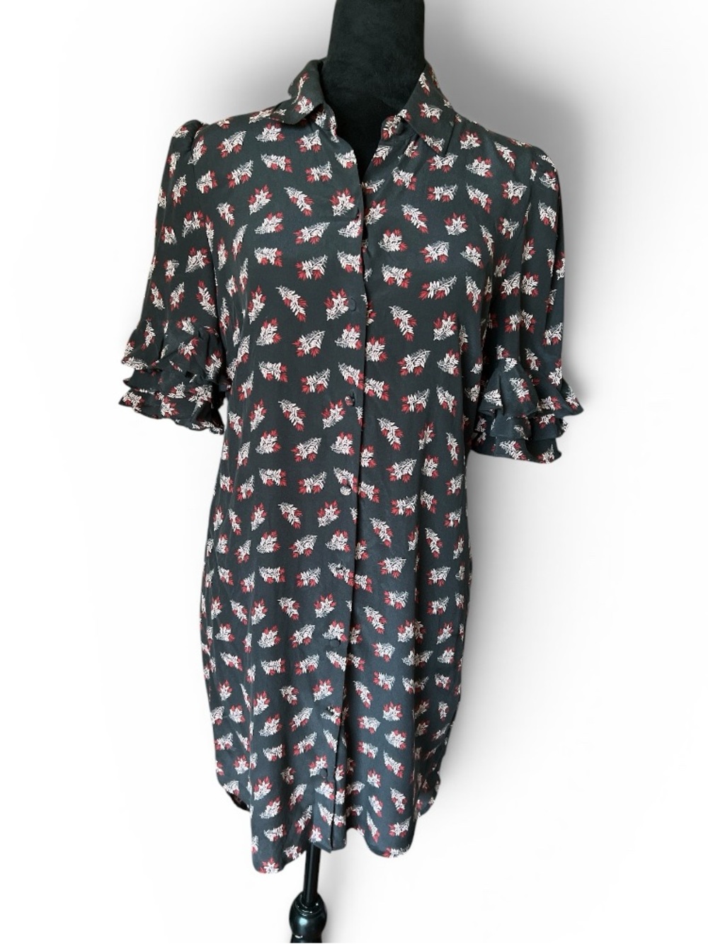 FRAME Size XS Silk Printed Ruffle Sleeve High Low Shirtdress Black Floral - Picture 3 of 7